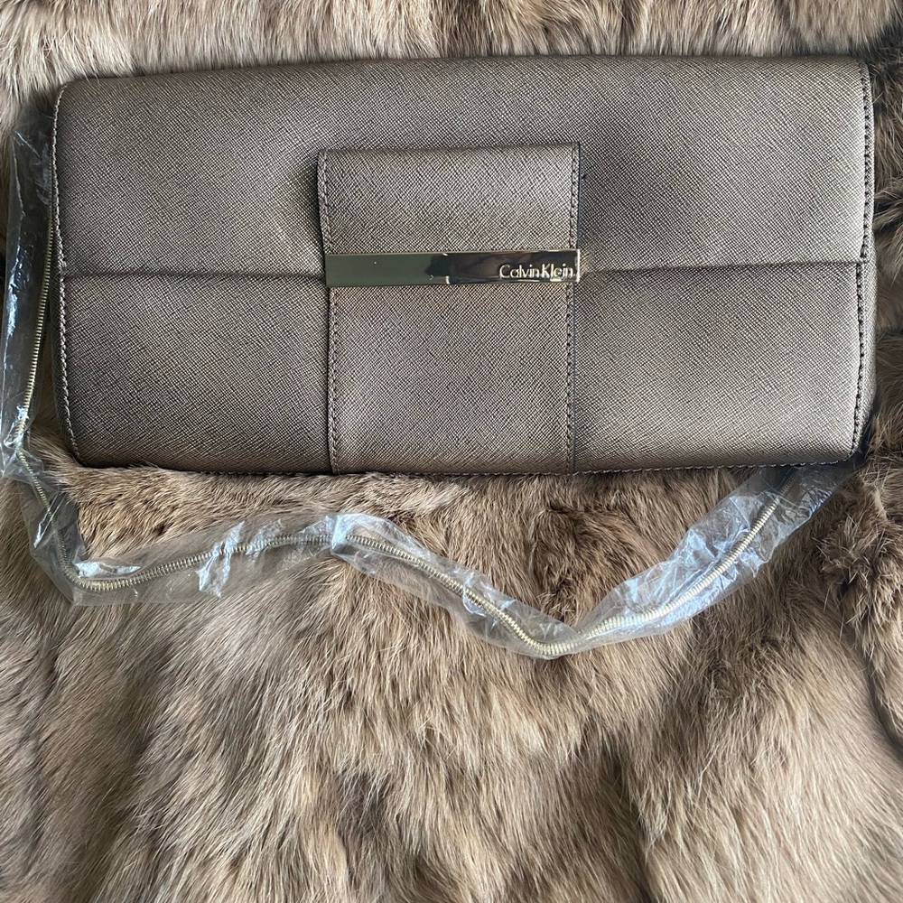 Calvin Klein Taupe Clutch with Gold Accent